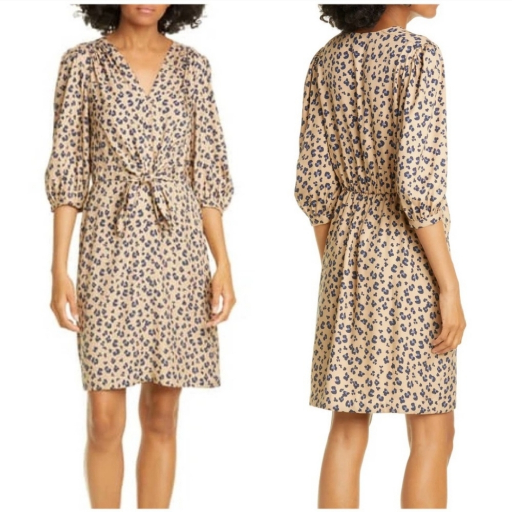 Rebecca Taylor Silk Cheetah Puff Sleeve Tie Knot Front Mini Midi Sheath Dress